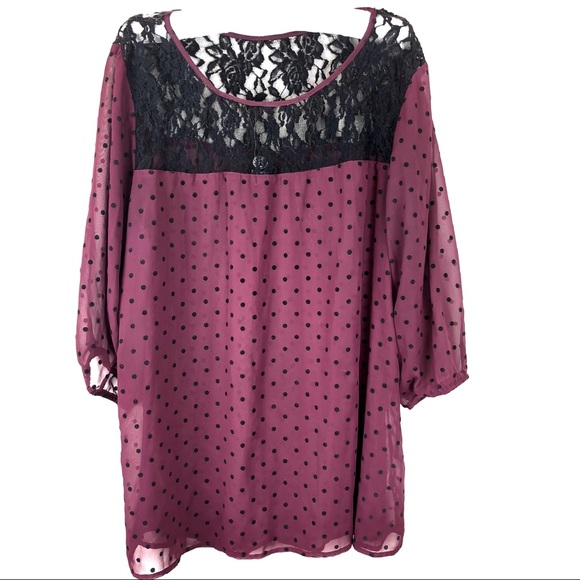 bobeau Tops - BOBEAU maroon blouse black polka dot lace